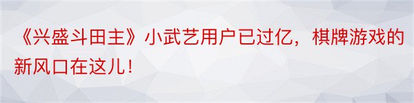 《兴盛斗田主》小武艺用户已过亿，棋牌游戏的新风口在这儿！